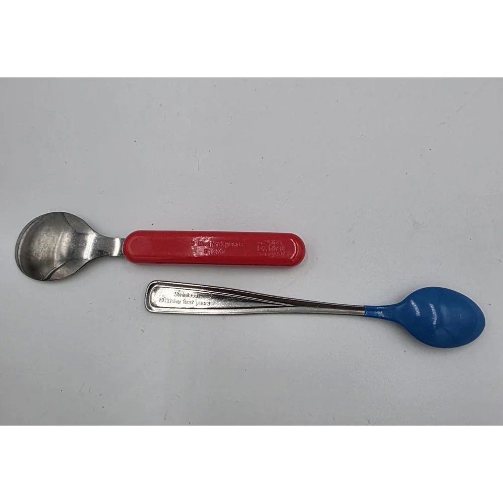 2 Vtg The First Years Baby Spoons Silicone  Melamine Stainless Steel‎ Red & Blue